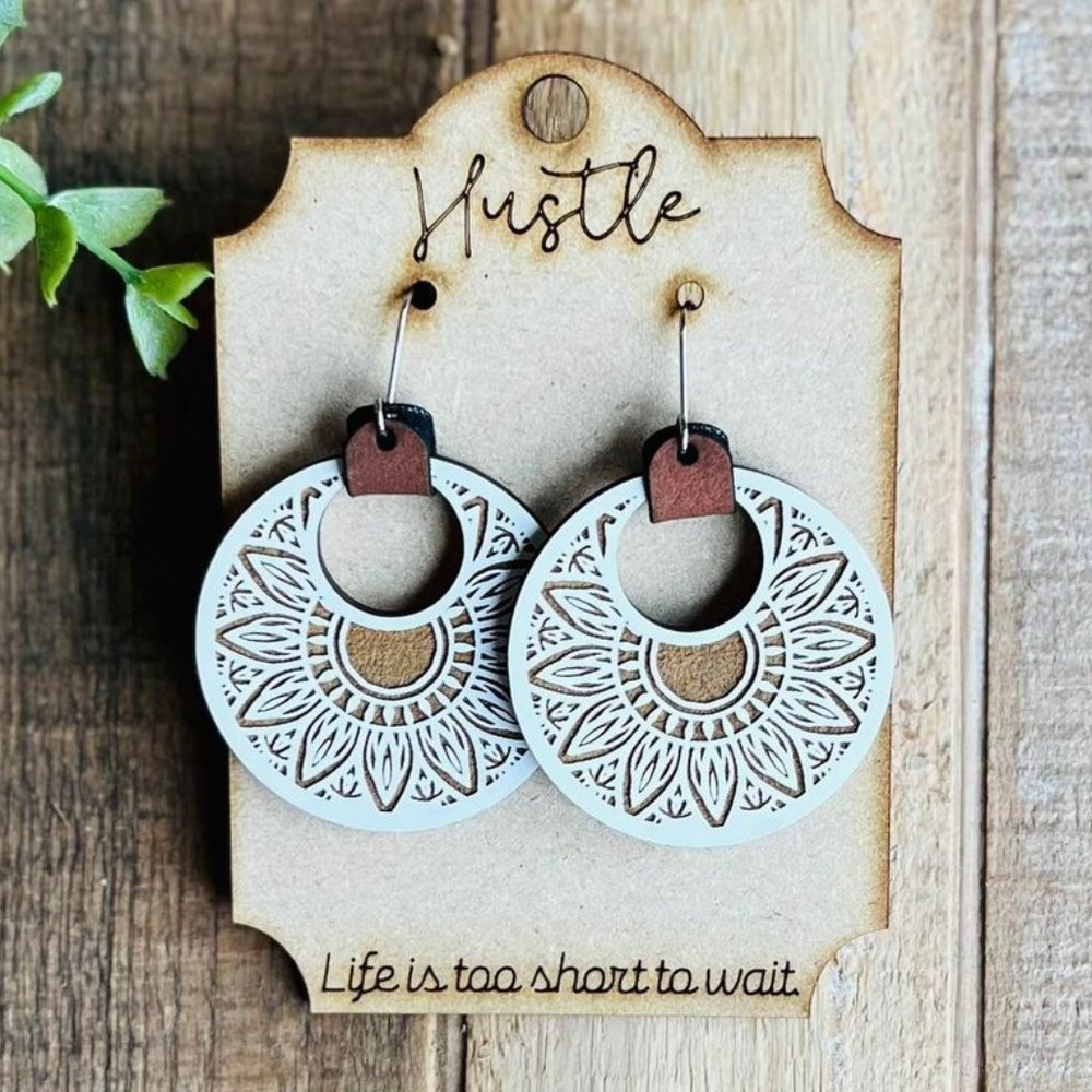 New wood engraved circle mandala boho flower earrings with positive affirmation